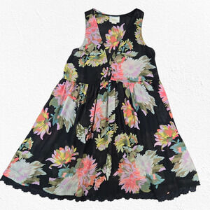 Maeve Anthropologie Black Floral V Neck Fit & Flare Semi Sheer Dress Size Small